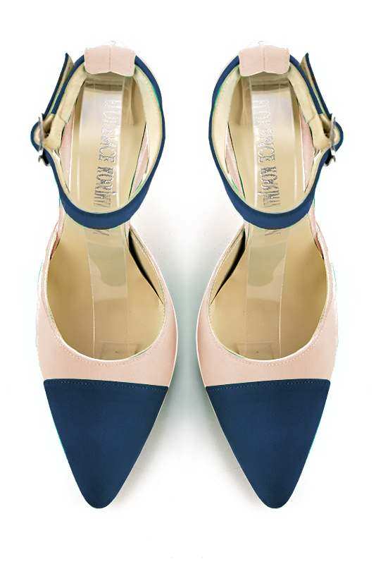 Navy blue and powder pink women's open side shoes, with a strap around the ankle. Tapered toe. Very high spool heels. Top view - Florence KOOIJMAN